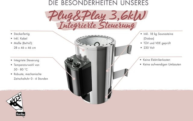 Karibu Sauna Ida 3 mit 68 mm Wandstärke inklusive 3,6 kW Ofen und integrierter Steuerung - Bild 1