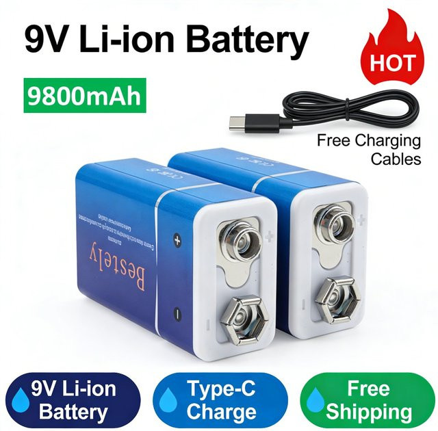 Rscrola Wiederaufladbare 9V Li-Ion Batterie mit 9800mAh Kapazität und USB-C Anschluss für Rauchmelder und Feueralarme - Bild 1