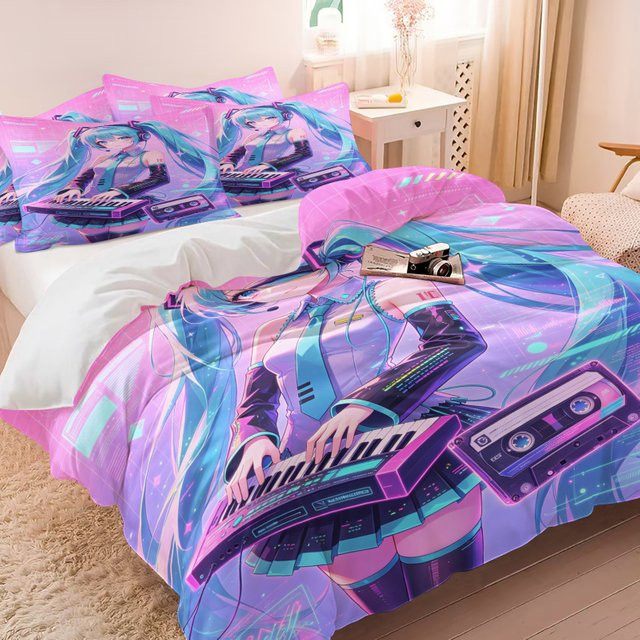 Hatsune Miku Synthwave Keyboard Bettbezug-Set mit Kissenbezügen, Mehrfarbige Anime-Bettwäsche für dein Schlafzimmer - Bild 1