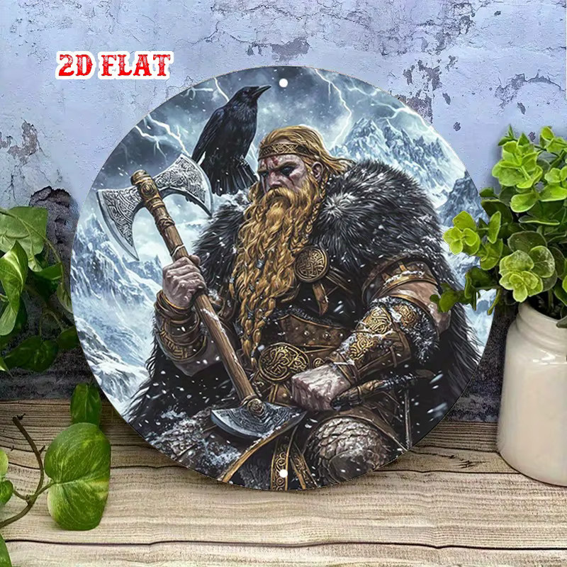 Rundes Aluminiumschild Contempo Wikinger-Krieger-Schneeberg mit Axt und Krähe, Metallwandkunst im rustikalen Design, Durchmesser: 19,99 cm - Bild 3