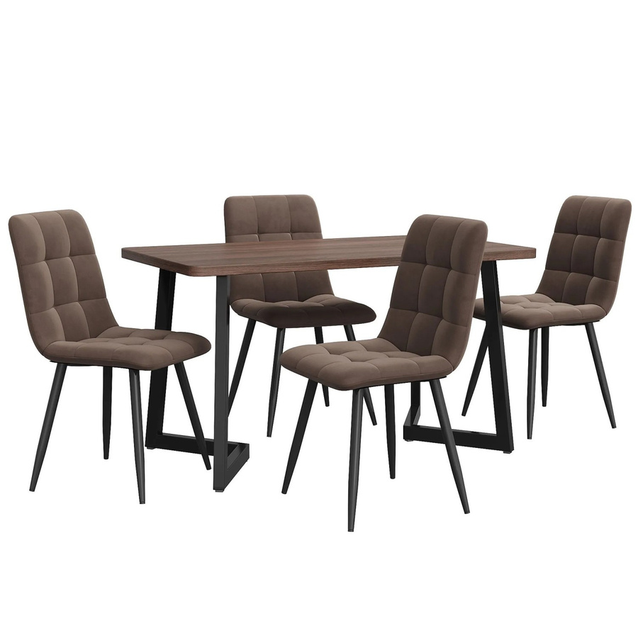 Merax Essgruppe 5-teilig mit Esstisch in Walnuss-Optik und 4 Samtstühlen in Braun, Tisch aus MDF und Metallbeinen in Schwarz - Bild 2