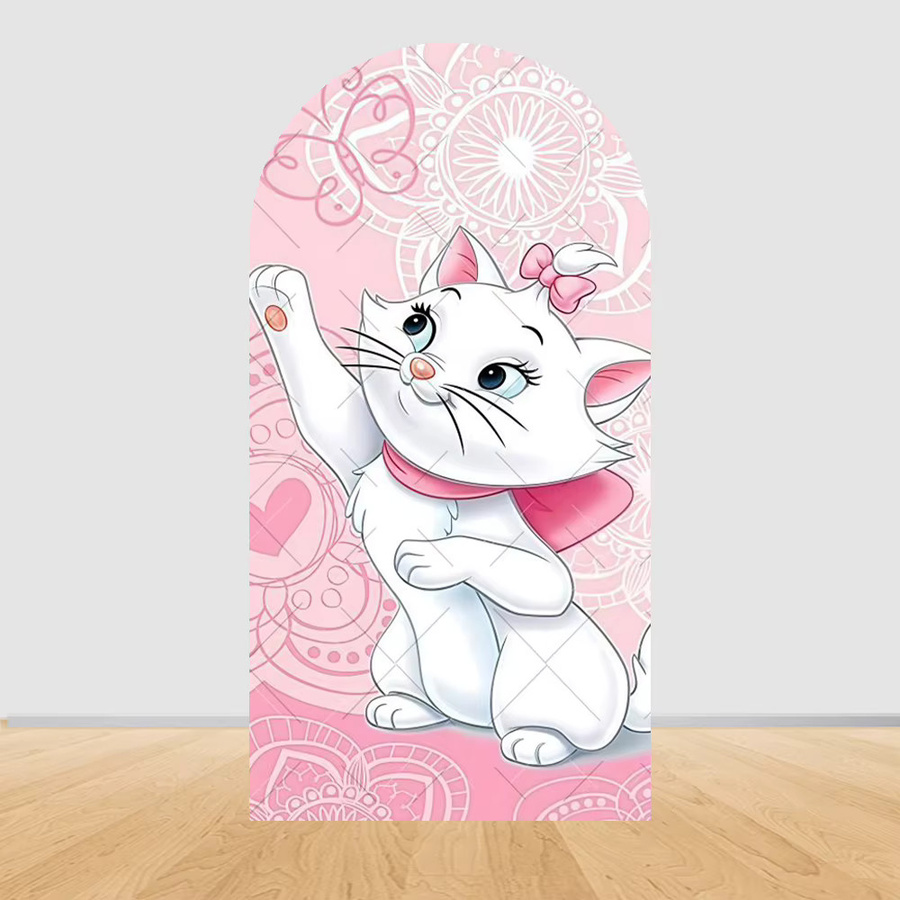 Potdemiel Marie Cat Bogen-Hintergrundbezug für Mädchen-Geburtstage und Babypartys, Rosa Katzen-Motiv aus elastischem Stoff, Breite: 120 cm, Höhe: 50 cm - Bild 1