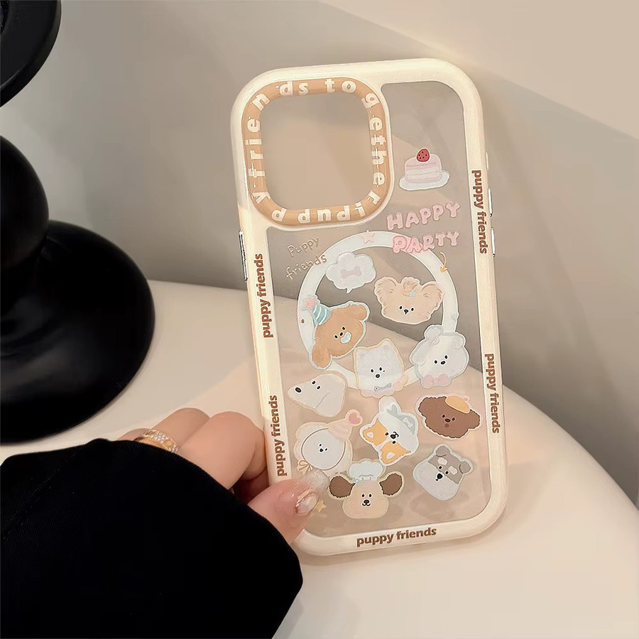 Potdemiel Handyhülle mit Koreanischem Cartoon-Welpen-Design für iPhone, transparente stoßfeste Hartschale mit magnetischer Halterung und Kette - Bild 3