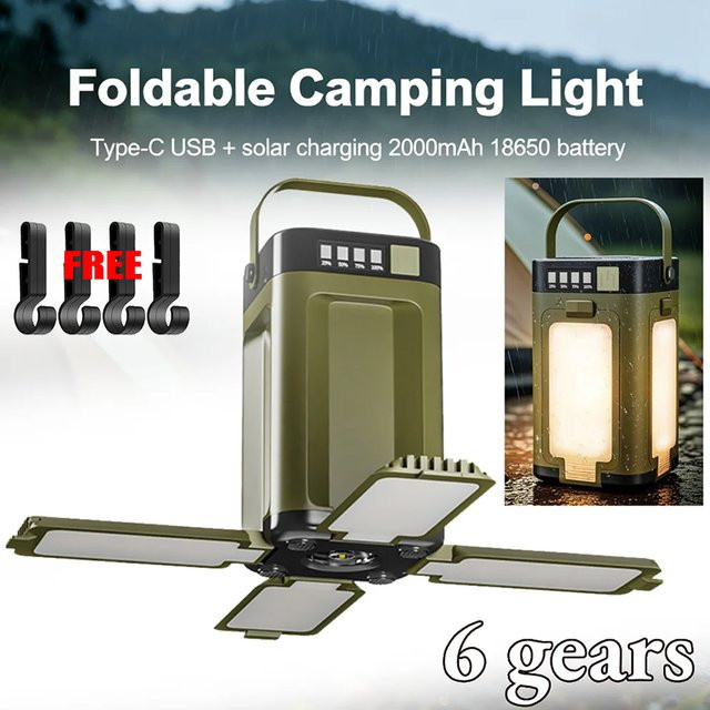 XIWANGFIRE Solar-LED-Leuchte mit Typ-C Akku und Powerbank-Funktion, weiße tragbare Campinglampe mit Haken für Outdoor, Wandern und Angeln - Bild 1