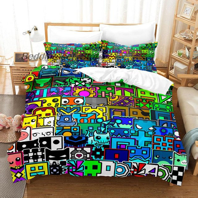 Geometry Dash Bettwäsche Set mit Hip Hop Angry Motiv in Multicolor, 3-teilig, B/H: 135 x 200 cm - Bild 1