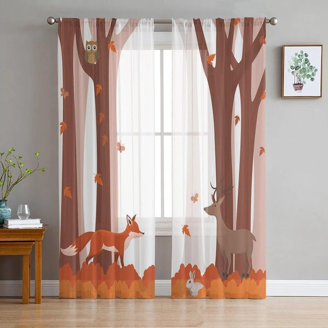 A Family Of Home Textiles Tüll-Fenstervorhang Herbstwald mit Cartoon Fuchs Hirsch Kaninchen Eule in Weiß, Breite: 135 cm, Höhe: 114 cm - Bild 1
