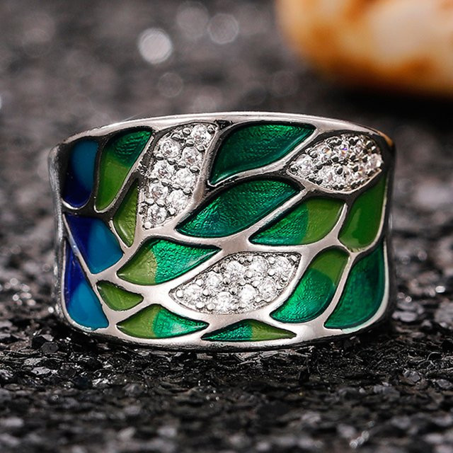 Huitan Ring, Emaille grünes Blatt Design, Silber, Damen, Vintage - Bild 1