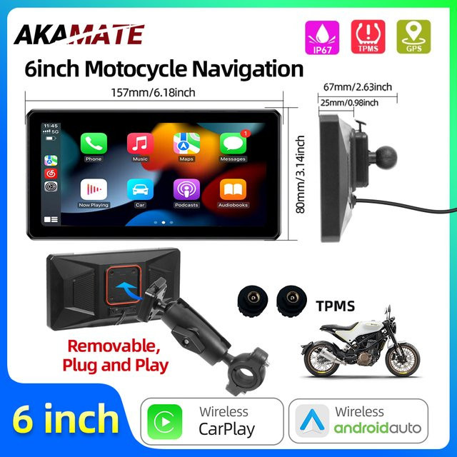 AKAMATE Motorrad Navigation Display mit 6 Zoll Bildschirm, Drahtlose CarPlay und Android Auto, Wasserdicht, Bluetooth, Schwarz - Bild 1