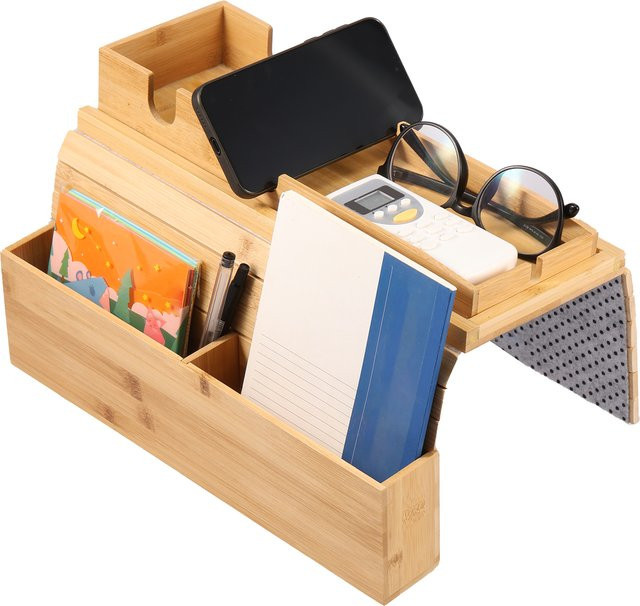 Willstar Couch-Getränkehalter aus Bambus in Braun, faltbares Sofa-Armlehnen-Tablett mit rutschfester Oberfläche und seitlicher Aufbewahrungstasche für Fernbedienungen und Snacks - Bild 1