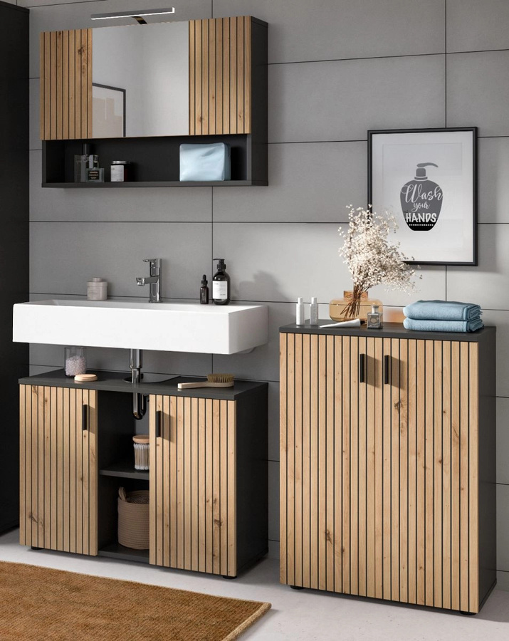 Inn.Furn Badmöbel Set Livia 3-teilig in Eiche und Grau mit LED-Beleuchtung, Breite: 155 cm - Bild 1