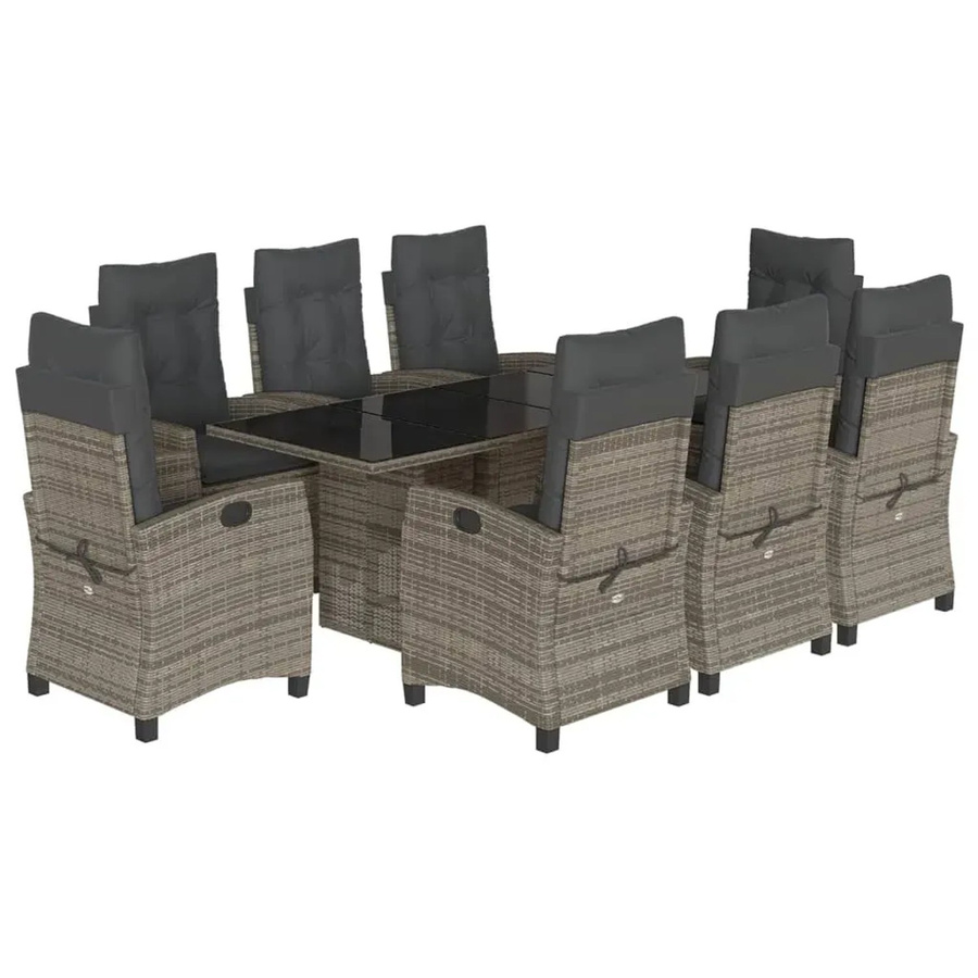 vidaXL 9-teilige Garten-Essgruppe aus Poly-Rattan in Grau mit Kissen und Hartglas-Tischplatte - Bild 2