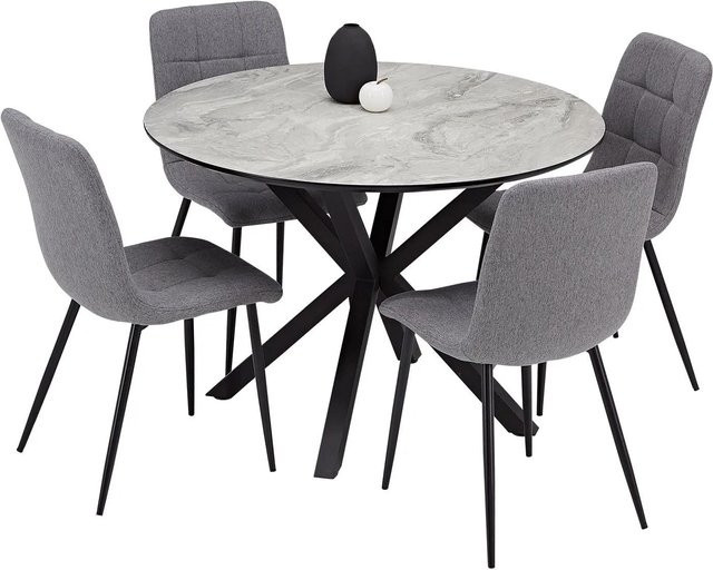 Homestyle4u Essgruppe mit rundem Esstisch und 4 Polsterstühlen in Grau und Schwarz, Durchmesser: 110 cm, Höhe: 76,5 cm - Bild 1
