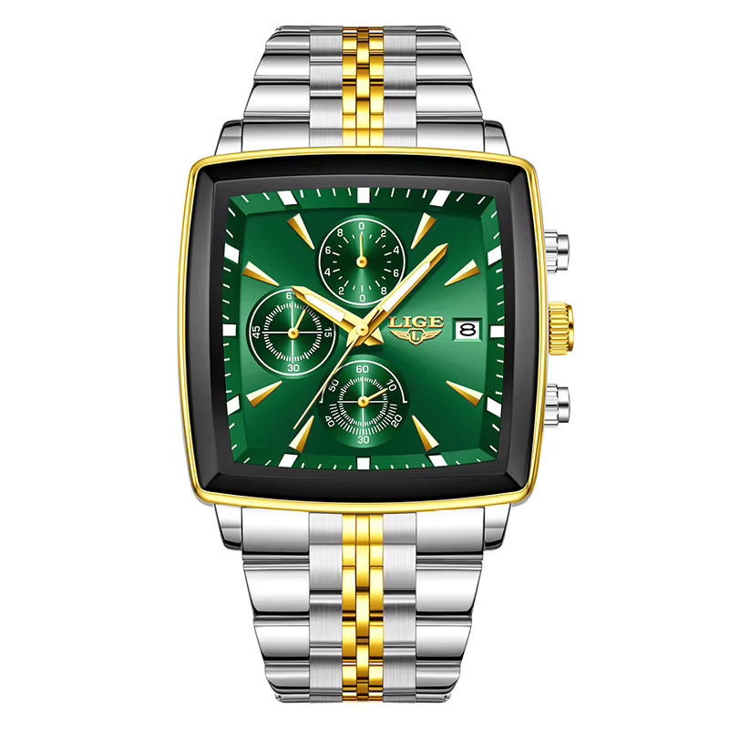 LIGE Armbanduhr Quarz, Edelstahl, Bicolor, Grün, Eckig, Herren - Bild 7