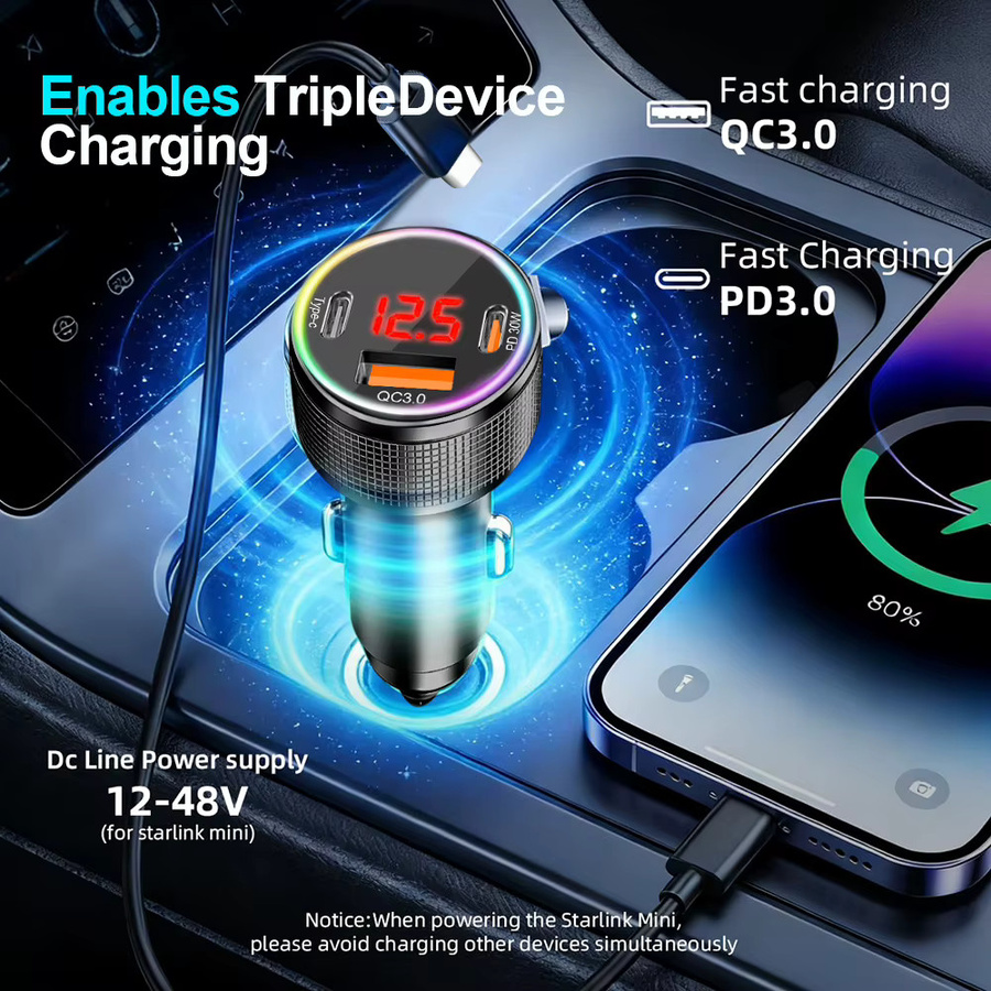 Kebidu Auto-Adapter für Starlink Mini mit 3m Kabel, 12-24V Zigarettenanzünder-Adapter mit PD QC3.0 für Auto, LKW und Wohnmobil, Schwarz - Bild 2
