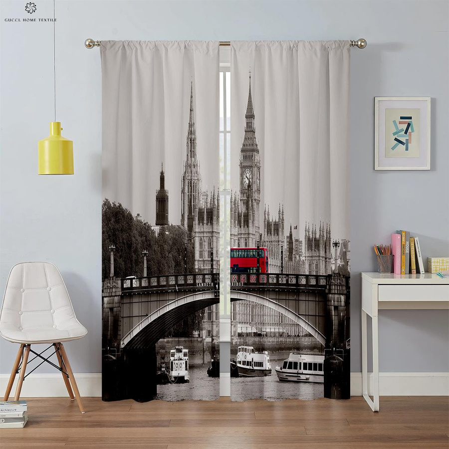 Yiran Furniture 2er-Set Dekorative Vorhänge mit Amerikanischer Retro-Architektur und rotem Briefkasten, Schwarzweiß, B: 50 cm, H: 130 cm - Bild 1