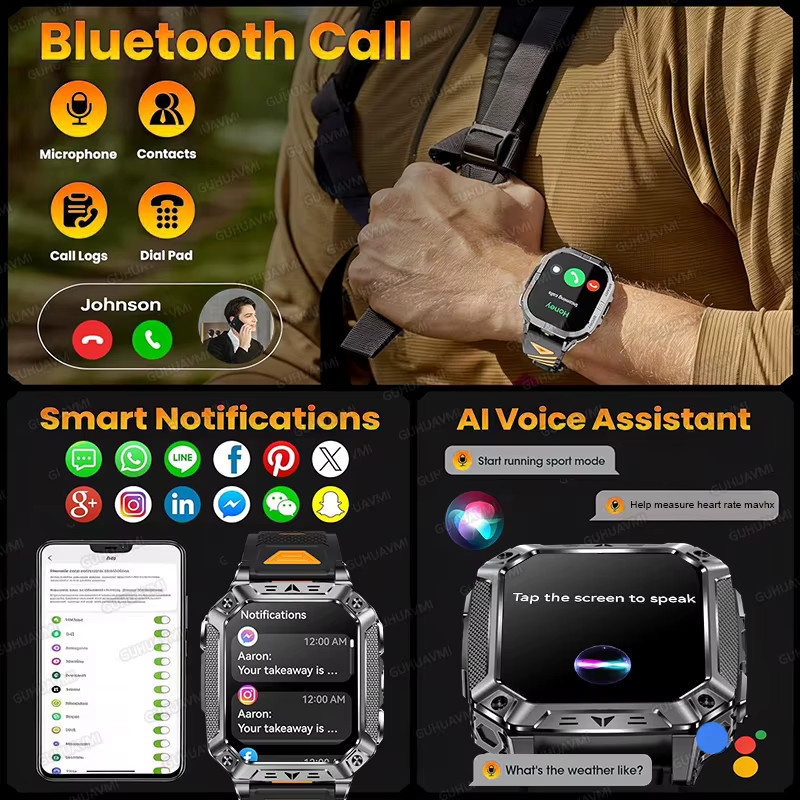GUHUAVMI Militär-Smartwatch für Herren in Schwarz mit 1400mAh Akku, GPS, SOS-Funktion, Taschenlampe, Bluetooth-Anruf und 10ATM Wasserdichtigkeit - Bild 5