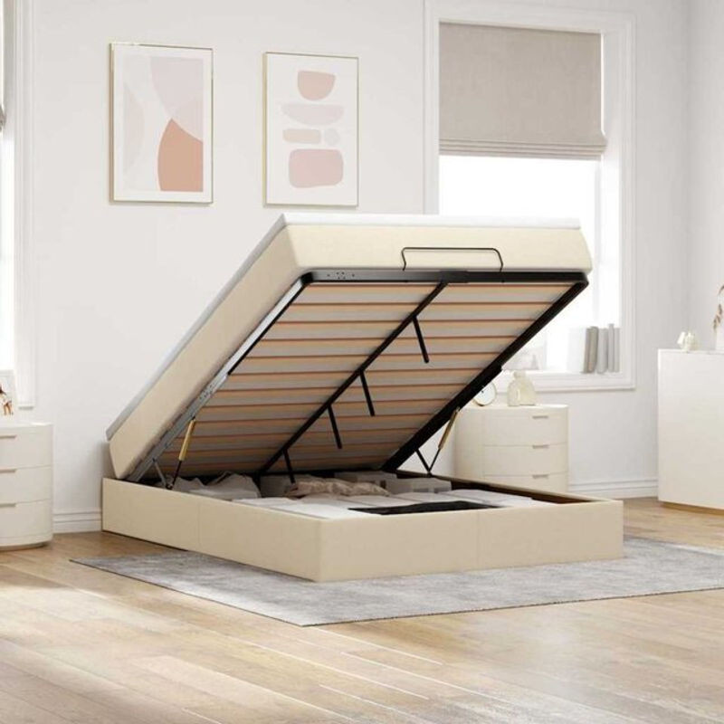 vidaxl Polsterbett Ottoman mit Matratze in Creme, Modernes Bett aus Stoff und Metall, B/T: 140 x 200 cm - Bild 1