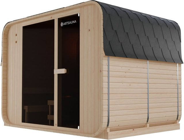 ARTSAUNA Cube Fasssauna Fjora XXL Natur Outdoor Sauna Komplettset für 6 Personen mit Panorama-Sicherheitsglas Front, Bank mit Trittstufen und 9 kW Ofen in Braun - Bild 1