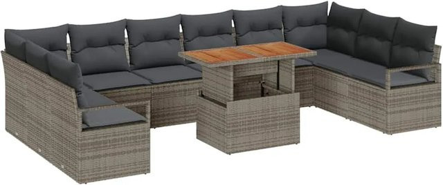 vidaXL Garten-Sofa-Set aus Polyrattan in Grau, 11-teiliges U-Shape Lounge-Set mit Stauraum und Polsterkissen - Bild 1