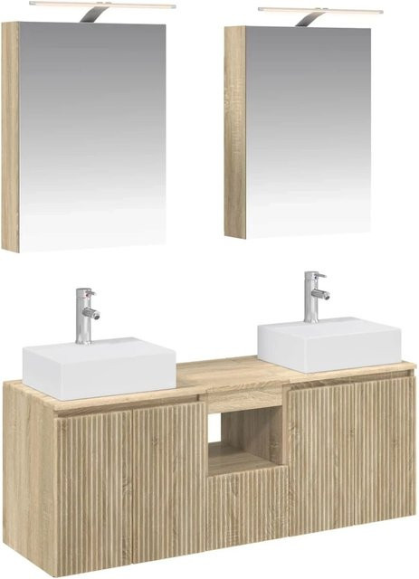 vidaXL Badezimmerschrank-Set 5-teilig in Sonoma-Eiche, modern mit Waschtischunterschrank, Spiegelschrank und LED-Beleuchtung, Braun Matt, B/T/H: 70,0 x 46,7 x 50,0 cm - Bild 1