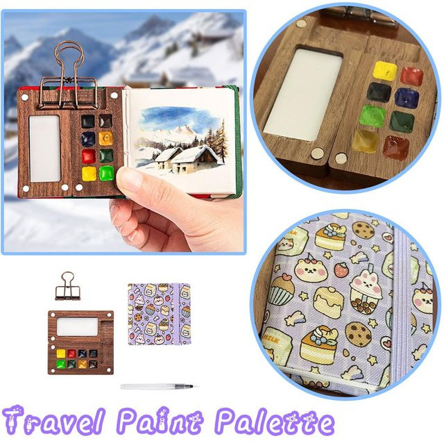 Tragbares Aquarell-Set aus Walnussholz mit 15-Gitter-Palette und Skizzenbuch-Etui in Mehrfarbig - Bild 1