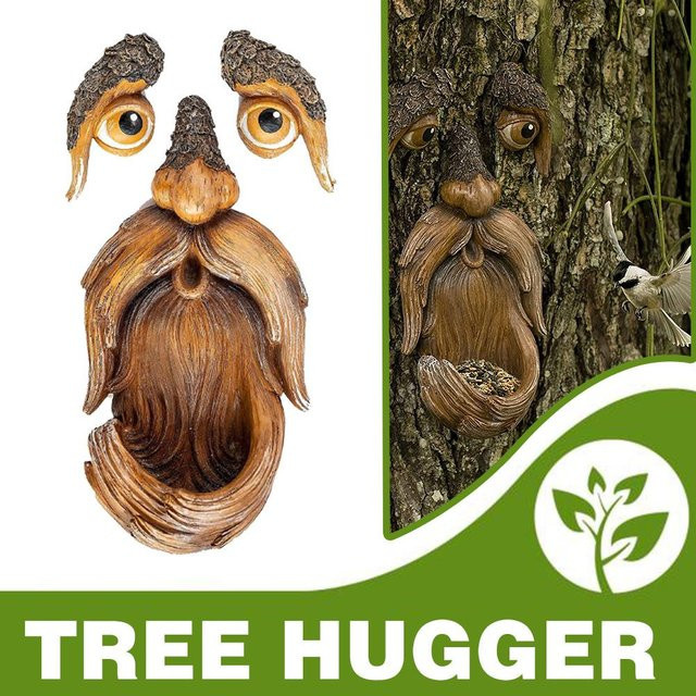 Skurrile Garten-Dekoration Alter Mann Baum Hugger Gesicht Skulptur aus Kunststoff in Braun - Bild 1