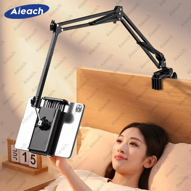 AIEACH Tablet-Halter für Bett mit 90 cm Metallarm, 360 Grad drehbarer iPad-Ständer und Telefonhalterung für 4,5 bis 12,9 Zoll, Schwarz - Bild 1