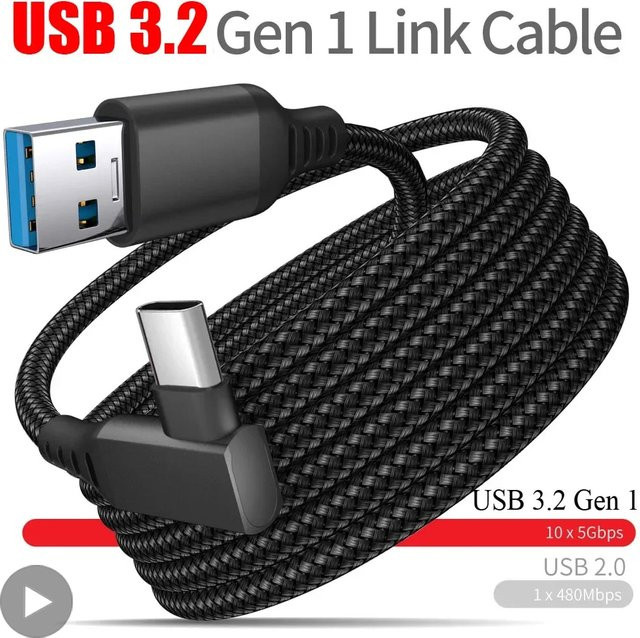 AyeBeau VR-Brillenkabel USB A auf Typ C für Oculus Quest 2, 5 m, Schwarz/Grau - Bild 1