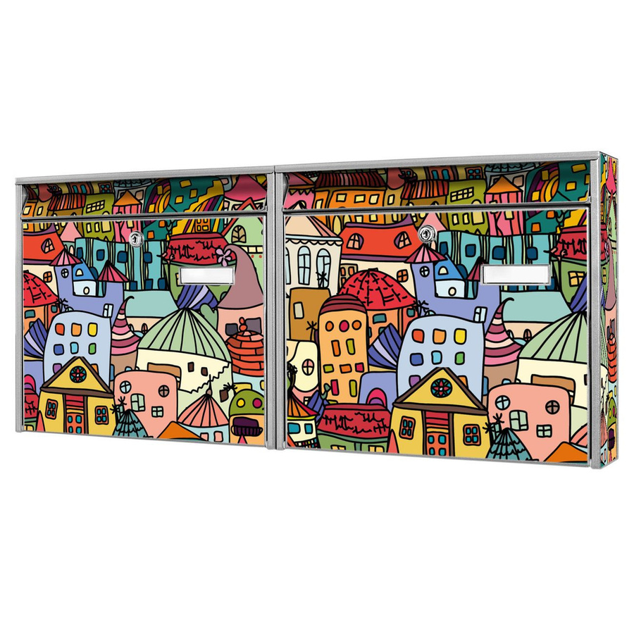 banjado Burg Wächter Doppelbriefkastenanlage in Silber mit Motiv Funky Town, erweiterbar und personalisierbar, A6 - Bild 1