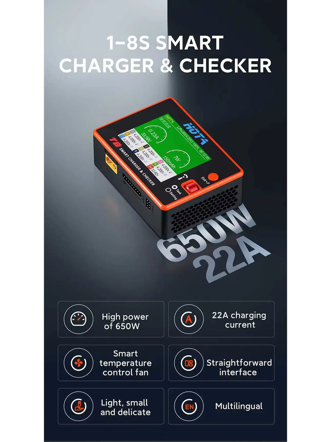 HOTA T8 Intelligentes Ladegerät und Checker mit 650W und 22A XT60 Anschluss für NiZn, NiCd und NiMH Akkus sowie RC-Drohnen-Ersatzteile - Bild 4