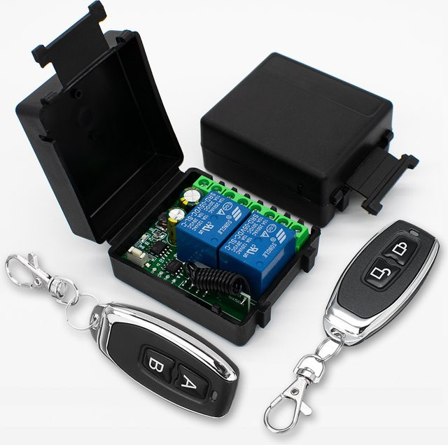 Scimagic-RC Kabelloser Fernschalter mit 2 Kanälen und 2 Schlüsselfernbedienungen, 433 MHz Relaissteuerung für Motor, Garagentor oder Beleuchtung, Schwarz - Bild 1