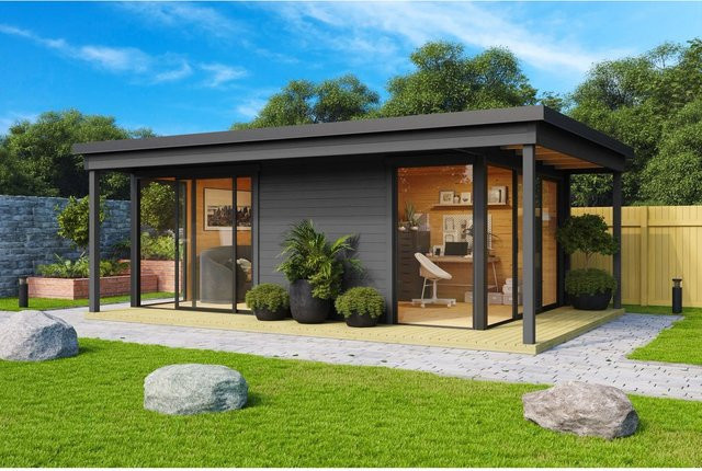 Lasita Holz-Gartenhaus Domeo 3 mit Loggia und Flachdach in Carbongrau, B/T/H: 508.8 x 321.9 x 239.4 cm - Bild 1