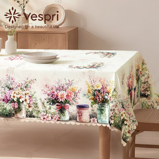 Vespri Frühlingstischdecke mit floralem Osterdesign in Weiß und Rosa aus Polyester - Bild 1