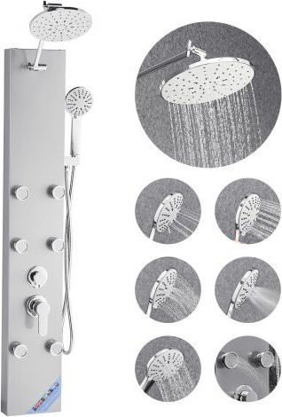 VEVOR Duschpaneel-Turmsystem aus gebürstetem Edelstahl in Silber mit Regenwasserfall, Handbrause und 6 Massagedüsen zur Wandmontage, Höhe: 124 cm - Bild 1
