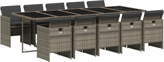 vidaXL 11-teilige Garten-Essgruppe aus Poly-Rattan mit Kissen in Grau und Tisch mit Hartglas - Bild 1