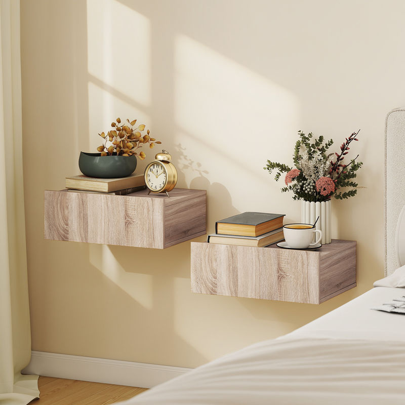 HOMCOM 2er-Set hängende Nachttische mit Schublade aus Holz in Eiche, moderne Beistelltische für Schlafzimmer und Wohnzimmer, B/T/H: 40 x 30 x 15 cm - Bild 2
