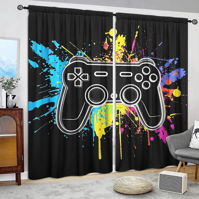 2er-Set Graffiti-Vorhang aus Polyester in Blau mit grafischem Print, halbtransparent, B: 52,5 cm, H: 116 cm - Bild 1