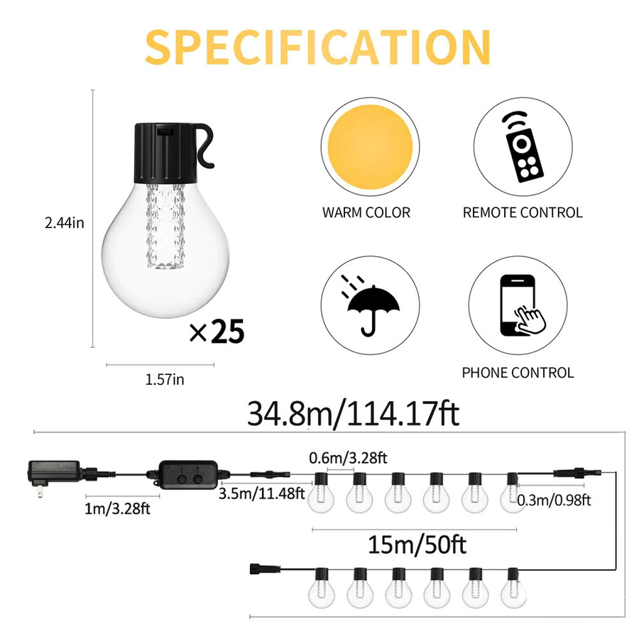 DACHAN G40 DIY-Lichterkette für Außen mit Fernbedienung, Warmweiß, Transparent - Bild 3