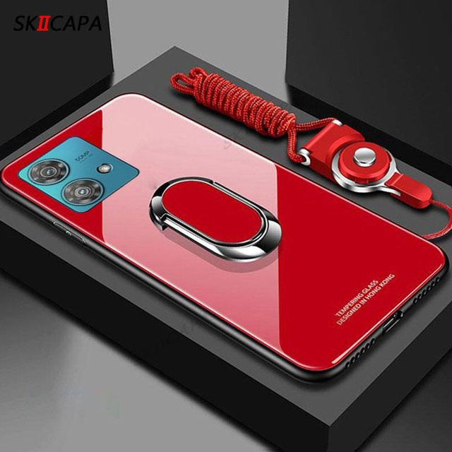 Stoßfeste Schutzhülle mit gehärtetem Glas und magnetischem Ringständer für Motorola Moto Edge 40 Neo in Rot - Bild 1