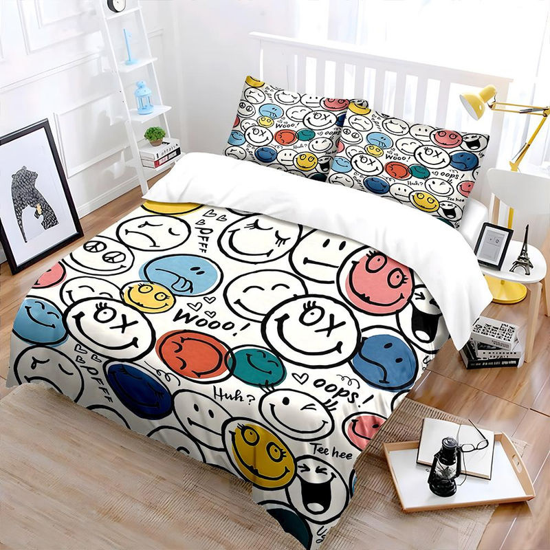 Flylo Bettwäsche-Set mit Cartoon-Smiley-Gesichter-Muster, Mehrfarbig, B/H: 135 x 200 cm - Bild 3