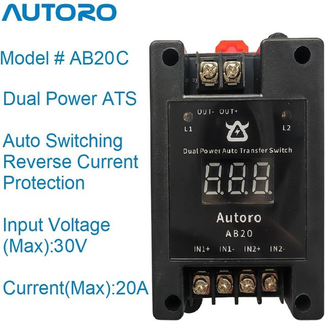 Autoro AB20C Dual Power Automatic Transfer Switch ATS Max in Schwarz mit Digitalanzeige für Backup-Stromsysteme (Eingang: 30V, Ausgang: 20A pro Kanal) - Bild 1