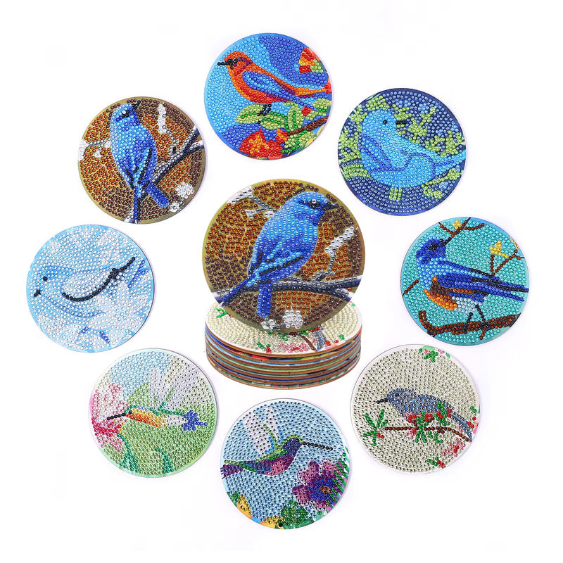 8-teiliges DIY-Diamant-Malerei-Kunstset mit Vogelmuster und Untersetzern in Multicolor für Mosaik-Kristall-Projekte - Bild 4