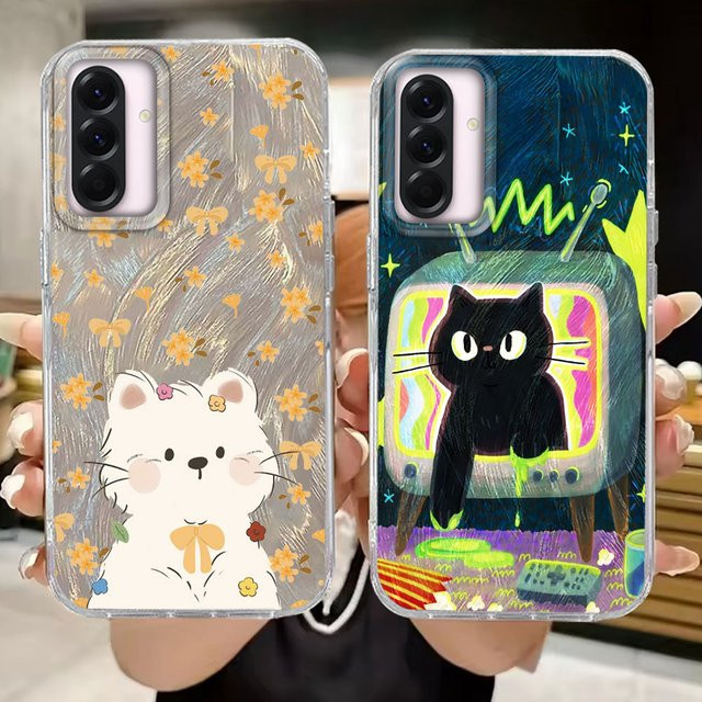 FunYudas Luxus Handyhülle mit Cartoon TV Katze Design für Samsung Galaxy A56 A55 A57 A07 A17 A25 A35 A26 A54 A15 A13 A36 A14 A34 A12 A16 in Schwarz - Bild 1