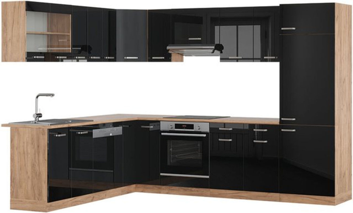 Vicco Eckküche R-Line in Schwarz Hochglanz und Goldkraft Eiche, moderne Winkelküche aus Holzwerkstoff mit Drehtüren, B/T/H: 227 x 287 x 60 cm - Bild 1