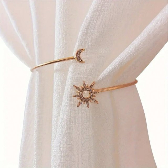 Verstellbare Gardinenklammer mit Sonne und Mond Design aus Metall in Gold mit Strasssteinen - Bild 1
