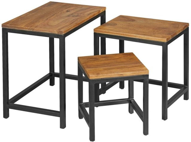 Wohnling Beistelltisch 3er-Set aus Sheesham Massivholz und pulverbeschichtetem Metall in Schwarz und Natur - Bild 1