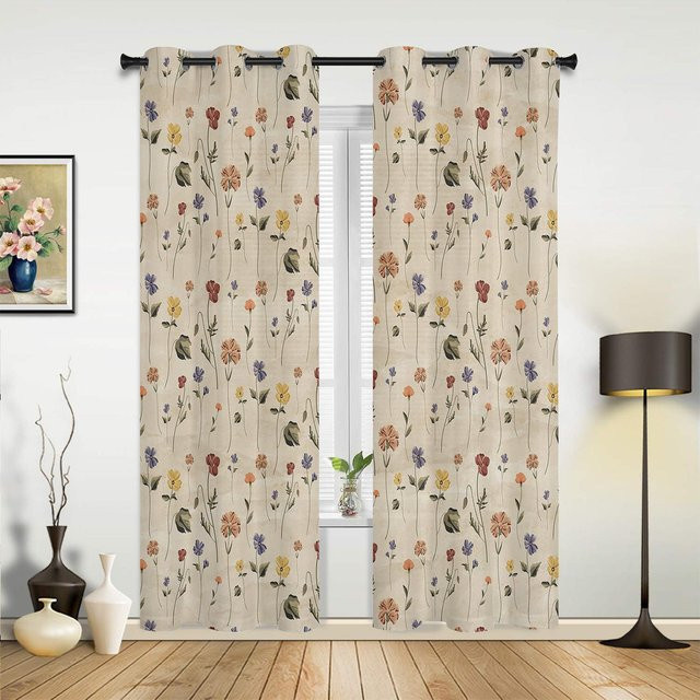 Retro-Vorhang mit Blumenmuster und Wildblumen von Household supplies MH, halbtransparent, Mehrfarbig, Breite: 135 cm, Höhe: 185 cm - Bild 1