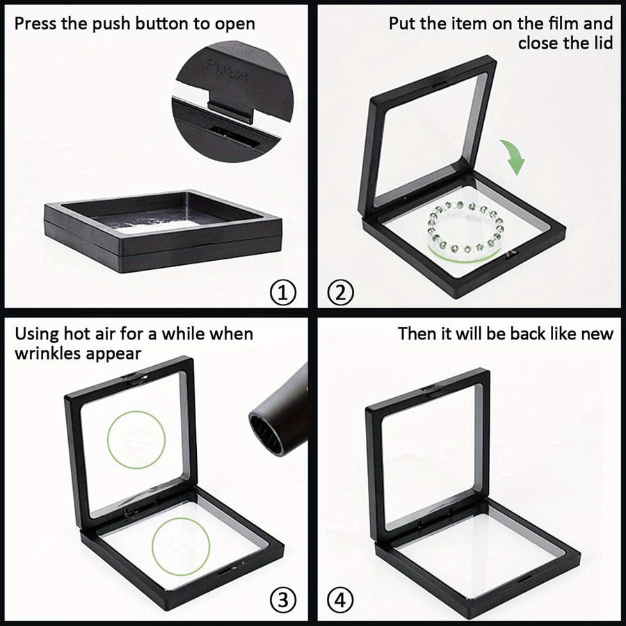 10er Set SZGTQ-001 3D-Schutzhüllen mit schwebendem Rahmen für Schmuck und Medaillen, Schwarz und Transparent, B/T/H: 9 x 9 x 2 cm - Bild 2