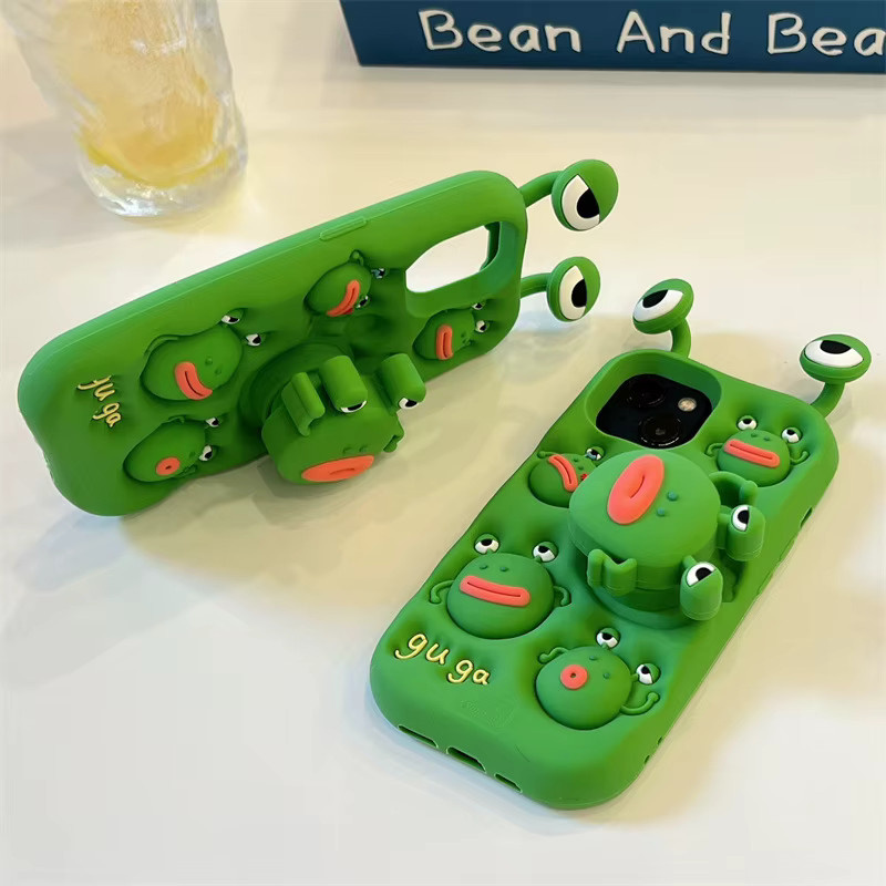 MUQGEW Silikon Handyhülle mit 3D Cartoon Frosch Design und Teleskop-Ständer für iPhone 12 bis iPhone 16 Pro Max, Farbe: Grün - Bild 3