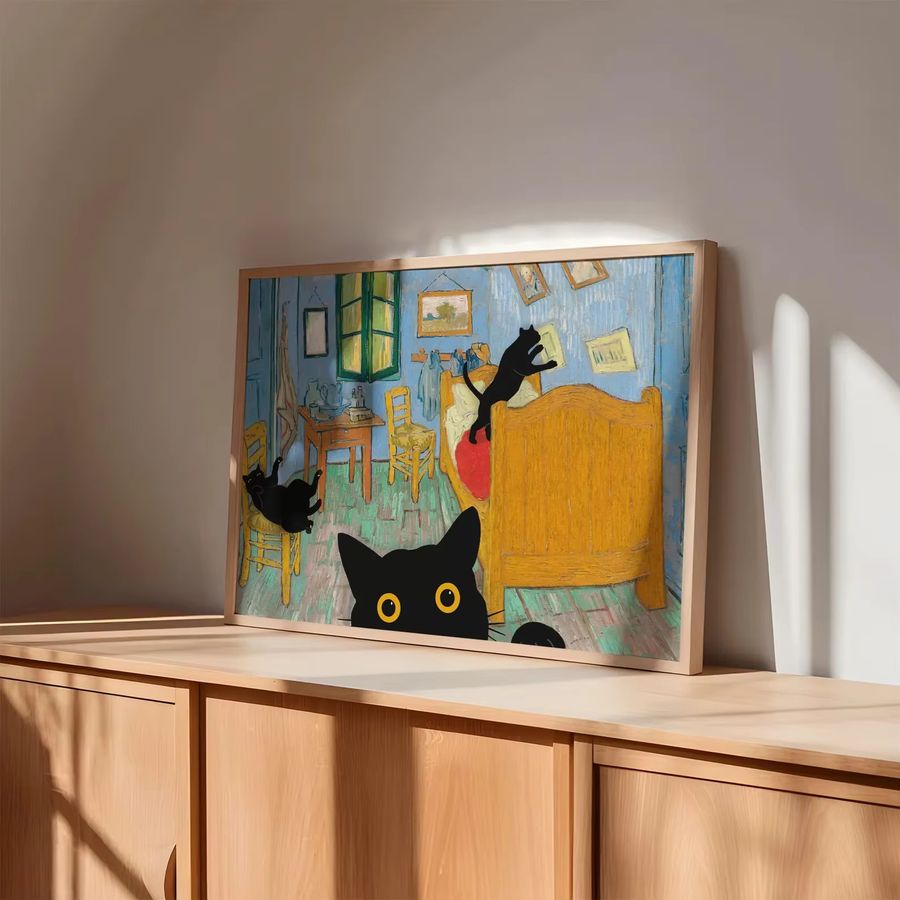 Wandkunst Poster mit schwarzen Katzen im Van Gogh Stil ohne Rahmen in Schwarz - Bild 5